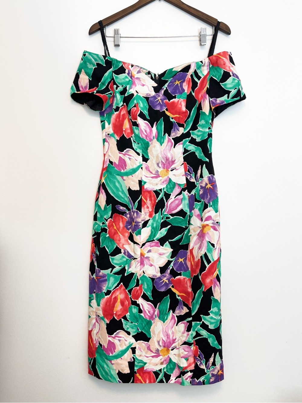 Vintage Floral Off-Shoulder Sheath Dress Leslie FayEvenings 80s/90s